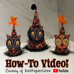 three halloween hats with cats on them and the words how to video