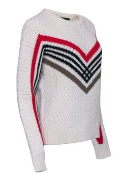 Be ready for a cozy day on the slopes in this chic knit from Maje. Perfect for sipping hot coco and embracing those winter vibes! And, if you leave out the snowy details, it's also just great for everyday style! Size 4 (Maje 4) Made in Italy 51% Acrylic, 49% Wool Unlined Pullover Crew neckline Long sleeves Bust 42" Waist 40 Shoulder to hem 24.5" Sleeve length 28" Chic White Sweater For Winter, Chic White Winter Sweater, White Knitted Tops For Cold Weather, Cozy White Sweater For Cold Weather, White Nordic Winter Tops, White Soft Knit Tops For Cold Weather, Chic Winter White Sweater For Winter, Chic Red Winter Sweater, White Knit Top For Cold Weather