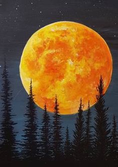 a painting of a full moon with pine trees in the foreground