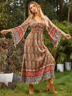 Print A line Dress with Flounce Sleeve Western Maxi Dress, Look Boho Chic, Ethno Style, Estilo Hippy, A Line Maxi Dress, Coachella Dress, Business Formal Dress, Formal Dresses Gowns, Vestidos Vintage