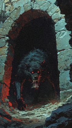 a painting of a black wolf coming out of a cave