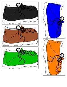 four pairs of shoes with laces on them, all in different colors and sizes