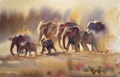 watercolor painting of elephants walking together in the wild