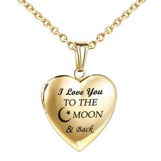 PRICES MAY VARY. ❤MATERIALS❤: Polished love heart locket, made with Stainless Steel,antiallergic and no harm to health.18K Gold Plated,keep the color not easy to fade. Engraved " I love you to the moon and back ". ❤SIZES❤: Love heart locket necklace pendant with chain length:45cm/18" + 5cm/2".Weight:9g. ❤EXQUISITE CRAFT❤: Love heart Locket necklace pendant for Mom Wife Girlfriend,fit every women girl and kids,packaged in a purple velvet drawstring bag for easy gift-giving. ❤DESIGN CONCEPT❤: 18K Necklace Pictures, Locket Chain, Back Photo, Engraved Locket, Gold Heart Locket, Picture Engraving, Heart Locket Necklace, Gold Locket, Photo Locket