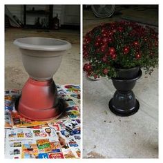 Two dollar general pots.. glue together, spray paint the color of your choice.. top with fall flowers! Youre welcome :) Stovetop Chicken, Fall Front Porch Decor Ideas, Fall Front Porch Decor, Fall Front Porch, Outside Decor, Thigh Recipes, Outside Ideas, Front Porch Christmas Decor, Deco Floral