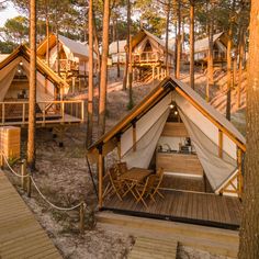 a group of tents in the woods with stairs leading up to them and trees surrounding it