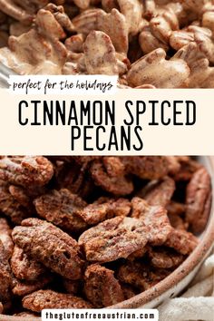 cinnamon spiced pecans in a bowl with text overlay