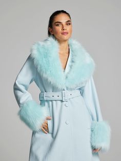 Blue Faux Fur Coat, Nyc Outfits, Princess Coat, Gabrielle Union, Company Website, Blue Coats, Belted Coat, Wool Blend Coat, Faux Fur Collar