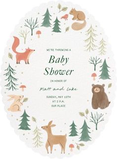 a baby shower with woodland animals and trees