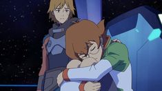 two anime characters hugging each other in front of a space station