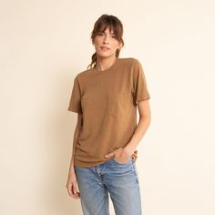 Jung Pocket Tee | Jungmaven Hemp Clothing Relaxed Fit Brown T-shirt With Pockets, Brown Cotton T-shirt With Pockets, Basic Everyday T-shirt With Pockets, Everyday Soft-washed Brown Tops, Everyday Soft-washed Brown Top, Relaxed Fit Cotton Tops For Everyday, Casual Tops With Relaxed Fit For Everyday, Casual Tops For Everyday Wear, Brown Relaxed Fit T-shirt For Everyday Wear