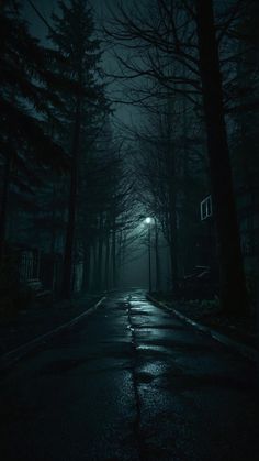 a dark street at night with the light on and trees in the foreground,