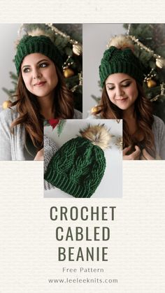 the crochet cabled beanie is knitted in green and features a pom - pom