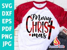 a red and white shirt with the words merry christmas on it, next to some jeans