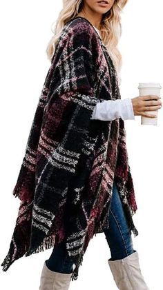 Women's Ponchos & Wraps, Open Front Poncho, Plaid Capes, Plaid Shawl, Womens Poncho, Blanket Poncho, Plaid Poncho, Boho Cardigan, Poncho Cardigan