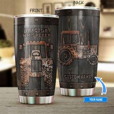 two personalized tumblers with tractors on them