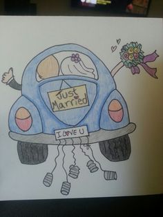 a drawing of a wedding car with the bride and groom on it's back