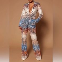 Fashion Nova | Pants & Jumpsuits | Stunning Sequin Goldwhiteblue Flare Leg Pants | Poshmark White Party Pants For Fall, White Bottoms For Fall Night Out, White Pants For Fall Night Out, White High Waist Pantsuit For Party, Fashion Nova Pants, Flare Leg Pants, Gold Sequins, Leg Pants, Boot Cut