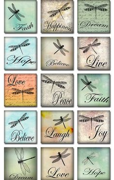 dragonflys are displayed on different types of cards with the words love, hope, laugh