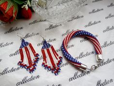 Jewelry set is made of Czech beads. The set includes bracelet and earrings made with the design of the American flag. Crochet bracelet + earrings red white and blue flag of America. USA July 4 Independence Day Handmade Set Dimensions: The length of the bracelet is 19 cm, the thickness is 1 cm length of earring 6 cm, width 2 cm If you have any questions contact me. Thank you for your interest in my work. Thank you for watching. Handmade Patriotic White Beaded Bracelets, Patriotic White Handmade Beaded Bracelets, Patriotic White Jewelry With Colorful Beads, Handmade Multicolor Beaded Bracelets For 4th Of July, Patriotic Dangle Jewelry For Independence Day, Patriotic Beaded Bracelets For Independence Day, Handmade Multicolor Bracelets For 4th Of July, Handmade Patriotic Multicolor Beaded Bracelets, Handmade Patriotic Beaded Bracelets For 4th Of July