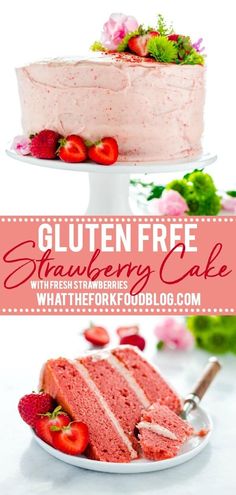 gluten - free strawberry cake with fresh strawberries on top and the words gluten - free strawberry cake below