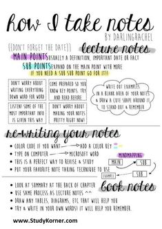 a poster with the words how to take notes and other things that are written on it