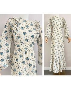 A beautiful 70s prairie dress from the brand Vivien Smith Made from a cream white floral fabric  The dress closes at the back with a zipper and can be tied around the waist with two ribbons UK size: 8 (s) - US: 4 EU: 36 Measurements measured flat: Pit to pit 46 cm - 18,6" Waist: 34 cm - 13,5 Length: 137 cm - 53,9" Material: no label but feels like cotton In perfect condition  This item has been washed and steamed so that there are no more unpleasant odors This item is vintage, which means 25 yea Cream Long Sleeve Maxi Dress With Floral Print, Vintage Cream Prairie Dress For Garden Party, Vintage Long Sleeve Cream Prairie Dress, Vintage Beige Prairie Dress For Spring, Cream Prairie Dress For Spring Garden Party, Modest Cream Floral Print Dresses, Cream Cottagecore Vintage Dress For Spring, Cottagecore Cream Prairie Dress For Garden Party, Modest Beige Floral Print Maxi Dress