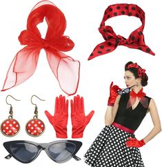 LOPOTIN 5-Piece Rockabilly Accessories 50s Women's Dress Accessories 1950s Costume Set with Chiffon Scarf Polka Dot Headband Cats Eye Glasses Red 60s Clothing for Theme Party Retro Teily Party : Amazon.de: Toys 1950s Costume Women, 50s Party Outfit, 1950s Outfit Ideas, 60s Party Outfit, Rock And Roll Costume, Sixties Outfits, 1950 Outfits, Outfits 60s, 60s Clothing