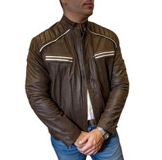 FACHA - Genuine Argentine Leather Jacket - Premium Quality - Classic Style Experience timeless style and unmatched quality with our genuine Argentine leather jackets. Each piece is crafted from premium-grade Argentine leather, known for its durability and soft, luxurious feel. Perfect for any occasion, our jackets offer a blend of classic design and modern craftsmanship. Whether you're dressing up for a night out or dressing down for a casual day, our leather jackets provide the perfect finishing touch to any outfit. Invest in a piece of lasting elegance and enjoy the superior comfort and style that only genuine leather can offer. Classic Leather Jacket With Contrast Stitching, Designer Fitted Brown Leather Jacket, Fitted Designer Brown Leather Jacket, Classic Leather Outerwear With Contrast Stitching, Fitted Leather Jacket With Contrast Stitching, Designer Fitted Brown Biker Jacket, Leather Outerwear With Contrast Stitching Long Sleeve, Leather Jacket With Contrast Stitching, Leather Jacket With Contrast Stitching For Work