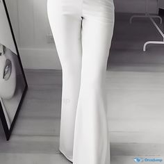 Orcajump - Plus Size Casual Pants, Women's Plus Solid Elastic High Rise Slight Stretch Flared Leg Trousers High Waist Solid Color Bottoms For Night Out, Solid Color Trousers For Night Out, Solid Color Trousers For A Night Out, Non-stretch Party Dress Trousers, White Stretch Wide Leg Pants For Party, Chic Flare Bottoms In Solid Color, High Waist Solid Color Bottoms For Party, Chic Solid Color Pants For Party, Chic Party Pants In Solid Color