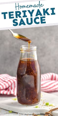 homemade teriyaki sauce in a glass jar with a spoon on the side and text overlay that reads homemade teriyaki sauce