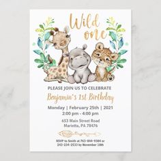 an elephant and giraffe birthday party card with the words wild one on it