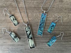 "Rectangle Necklace & Earrings. Necklace Chain: 18\" stainless steal. Pendant: Silver plate and resin. Earrings: stainless steal and resin." Rectangle Necklace, Stainless Steal, Resin Earrings, Pendant Silver, Wire Art, Necklace Chain, Necklace Earrings, Clay Crafts, Chains Necklace