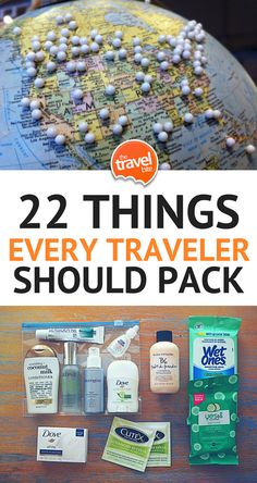 the cover of 22 things every traveler should have in their travel bag, including hand sanitizers and personal care products