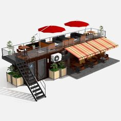 an outdoor restaurant with tables and umbrellas on the roof, stairs leading up to it