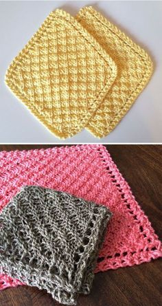 crocheted dishcloths are shown in three different colors