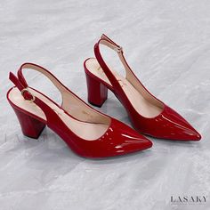 Lasaky - Glamorous High Heeled Pumps with Glossy Suede and Sparkle Buckles Elegant Red Slingback Pumps For Spring, Red Slingback Pumps For Summer Party, Red Block Heel Slingback Pumps For Party, Red Fitted Slingback Pumps For Party, Trendy High Heels, Chic High Heels, Fur Heels, Heeled Pumps, Elegant Heels