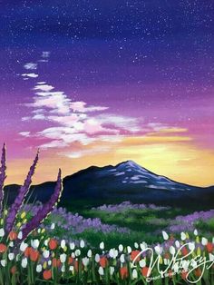 a painting of flowers and mountains under a purple sky