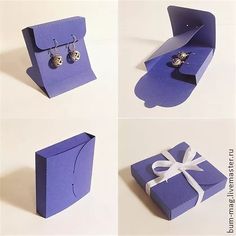 four pictures of different boxes with earrings in them, one is open and the other has a bow