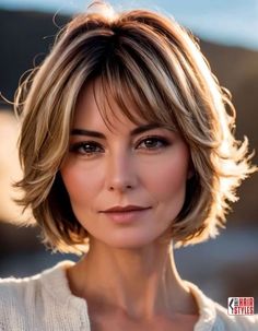 Hair Styles For Over 50s With Fine Hair, Layered Bob Haircuts For Women Over 50, Feathered Bobs For Fine Hair, Short Hair Styles For Fine Hair Over 50, Hairstyles For 50 Year Old Women Short, Short Bob Long Bangs, Short Bob Haircuts With Layers Fine Hair, Hair Color Ideas For Women Over 50, Short Layered Hair Styles