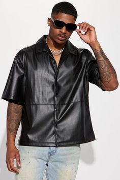 Slam Dunk Faux Leather Short Sleeve Button Up - Black | Fashion Nova Leather Shirt Outfit, Faux Leather Puffer Vest, Men Outfits Aesthetic, Leather Puffer Vest, Mens Leather Shirt, Guys Fashion Casual, Red Puffer Vest, Guys Fashion, Tall Height