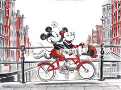 a drawing of a mickey mouse riding a red bike in the middle of a city