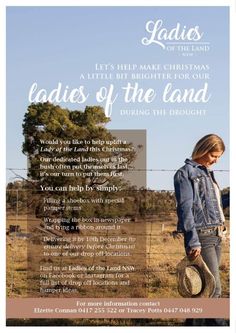 a flyer for ladies of the land with a woman holding a hat and standing in front of a fence