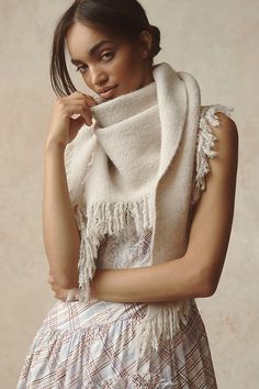 It’s a wrap – Shay is THE scarf for elevated outfitting. Offered in a so-soft knit and complete with fringe trim. | The Shay Triangle Fringe Scarf Wrap by Anthropologie in Beige, Women's, Polyester/Elastane Shawl Photoshoot, Varsity Sweater, Knitted Shawl, Anthropologie Uk, Cashmere Wrap, Triangle Scarf, Bandana Scarf, Fringe Scarf, Scarf Gift