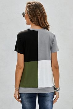 Army Green Colorblock T-shirt with Slits Girls Summer Tops, Ripped Denim Shorts, Color Block Design, Wholesale Dress, Jeans Material, Ripped Denim, Loose Tops, Block Design, Online Dress Shopping