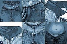 six pictures showing how to measure the waist and belly area of someone's jeans