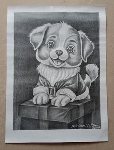 a drawing of a dog sitting on top of a box