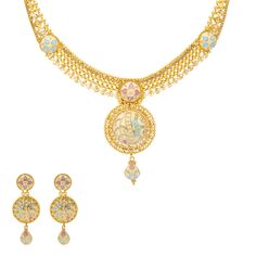 Indulge in the luxury of 22k yellow gold with this exquisite necklace and earring set by Virani Jewelers. This beautiful gold necklace and earring set features a mesmerizing mix of traditional elements and modern charm, reflecting the rich heritage of Indian gold jewelry. The intricate design and vibrant details make this 22k gold necklace and earring set a perfect choice for those who appreciate timeless elegance and exquisite craftsmanship.Features• 22k yellow goldNecklace Specifications:• Min