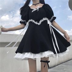 Please allow 2-4cm error due to manual measurement.  ​  S：Length:82cm Bust:80cm Waist:66cm    M：Length:83cm Bust:84cm Waist:70cm Puff Sleeve Black Dress, Soft Girl Dress, Cute Lace Dresses, Gothic Mode, Style College, Sleeve Black Dress, Girls Sundress, Black Short Sleeve Dress, Japanese Harajuku