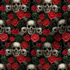 a bunch of skulls and red roses on a black background with the same color as it appears in this photo